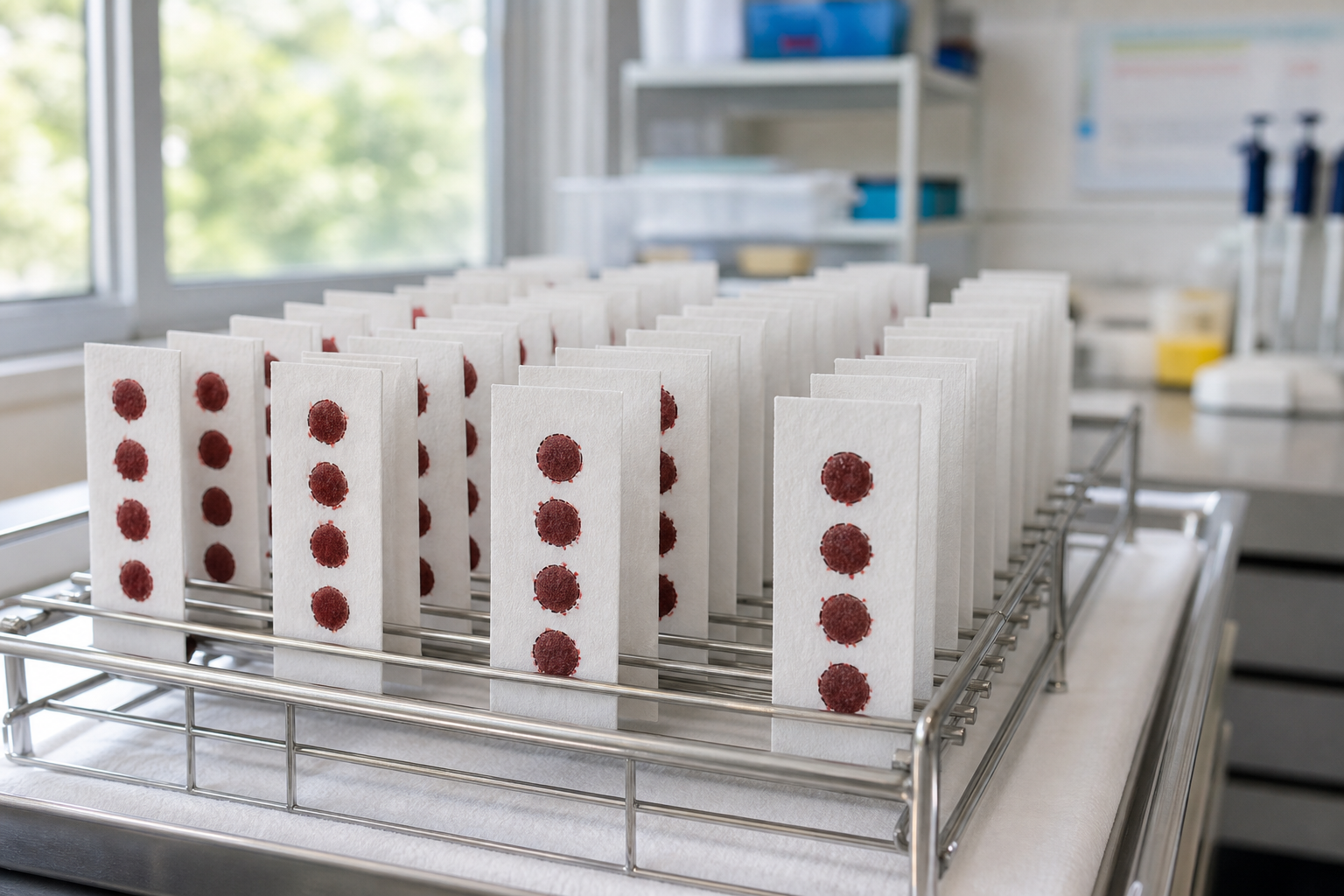 Filter paper cards drying on a rack