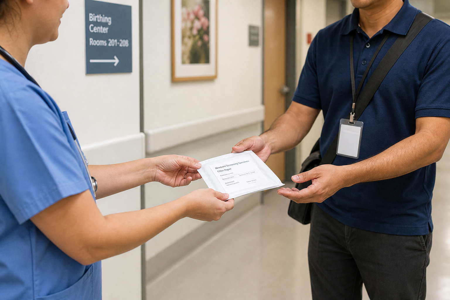 Hospital staff handing a screening specimen to a courier