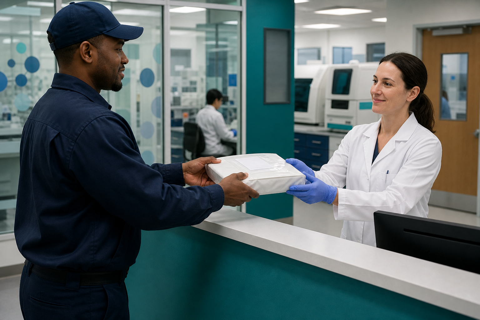 Courier delivering the specimen to newborn screening center staff
